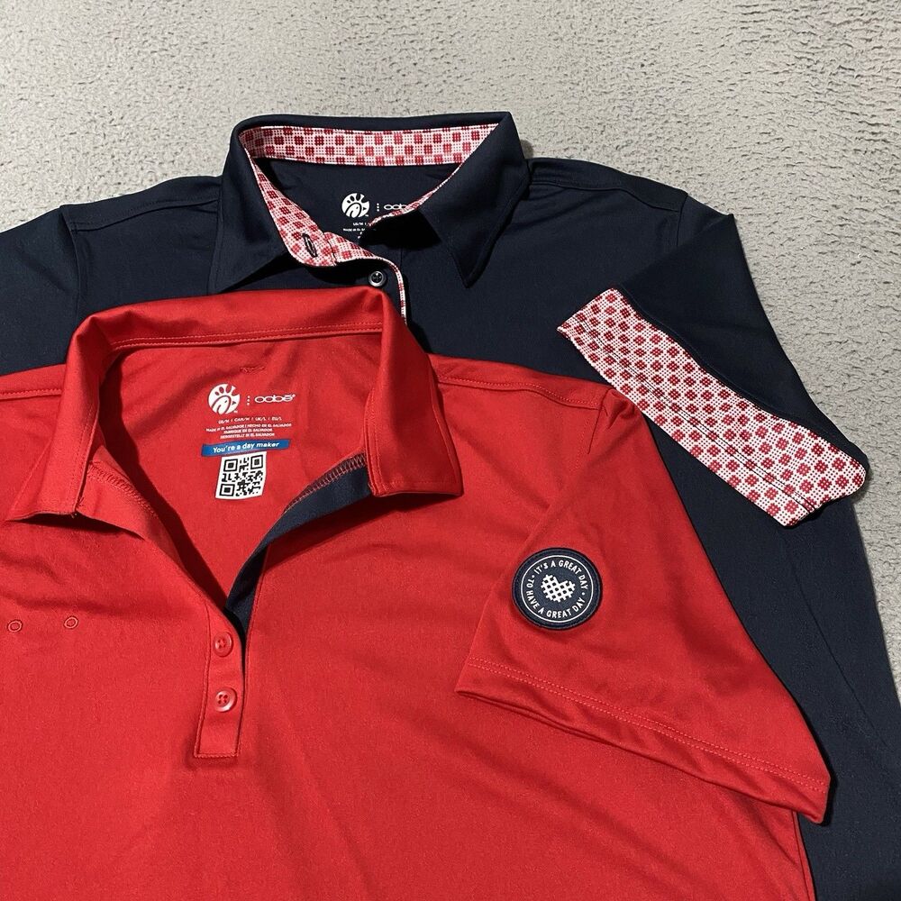 2 Chick Fil A Polo Shirt Lot Oobe Womens Medium Blue Red Geometric Work Employee